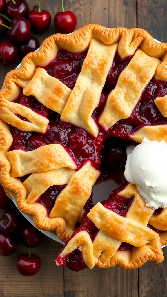 A classic two-crust cherry pie with a golden crust and cherry filling, served with a scoop of vanilla ice cream.